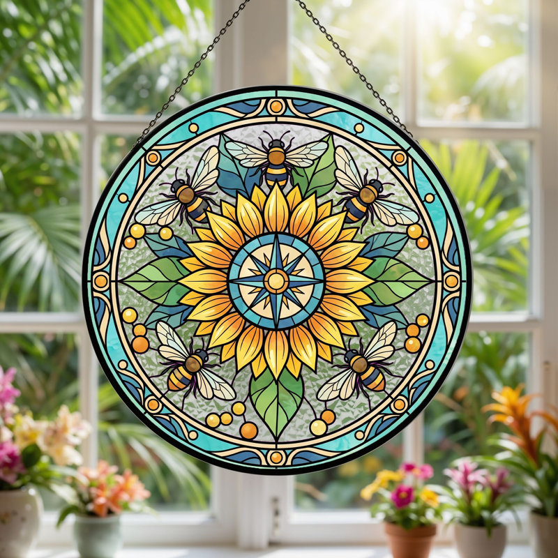 Panneau de vitrail Bee Sunflower, H 7,8 po