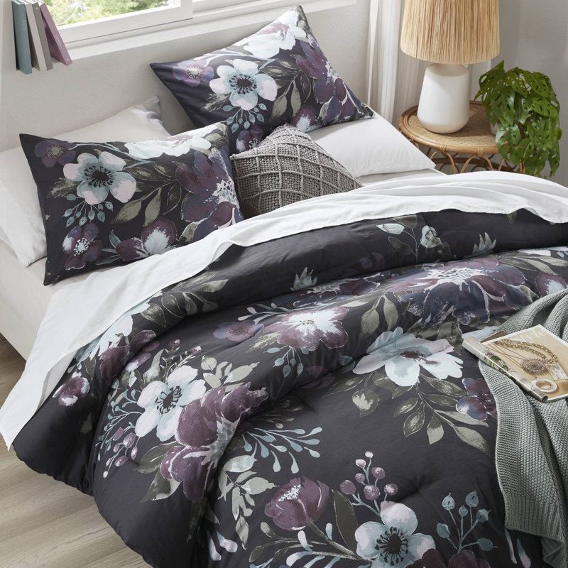 Dark Gray and Plum Floral Cotton Full Comforter Set
