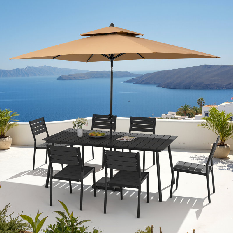 Ensemble repas pour 6 personnes en aluminium avec chaises empilables, parasol de patio et base lestée, Tanné, Noir