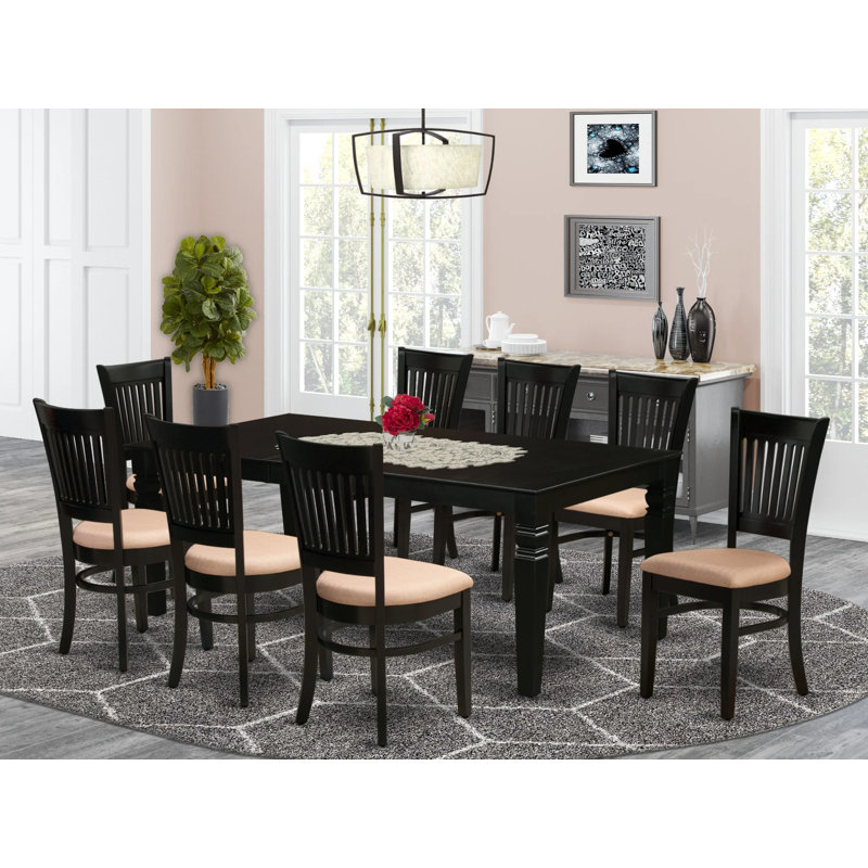 Ensemble de table de cuisine 9 pièces comprenant une table de salle à manger rectangulaire avec rallonge papillon et 8 chaises de salle à manger en tissu de lin, noir