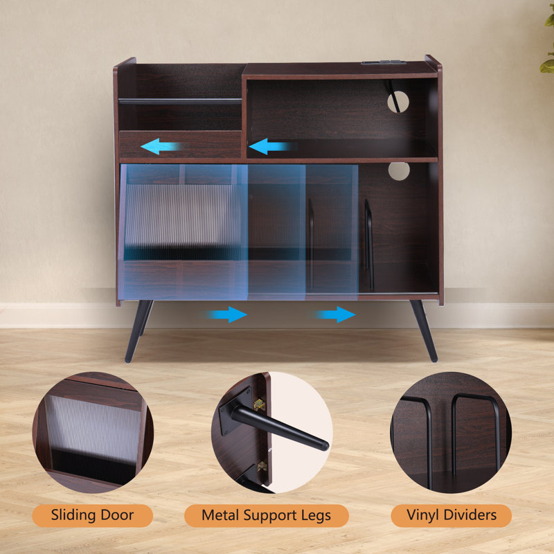 Large Dark Brown Wood Record Player Stand with LED Light and Power Outlet
