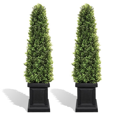 3.5ft Boxwood Outdoor Topiary Set of 2, Tall Porch Trees, All-Year Green Fake Plant Topiary Trees Artificial Outdoor with Sturdy Pot for Porch Indoor (Square)