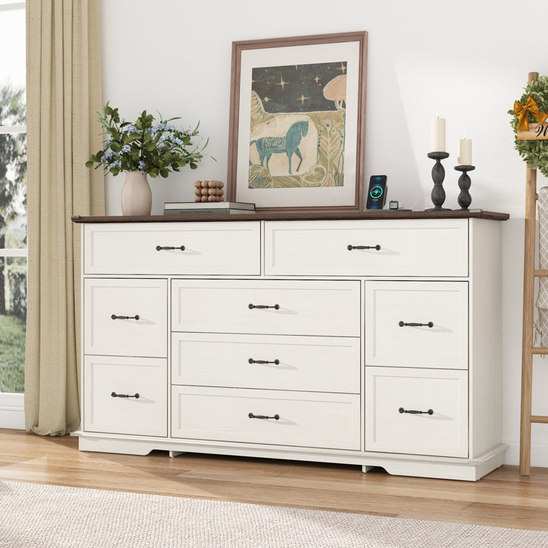Dumitriana 63" Farmhouse Wood Dresser With 9 Drawers & Power Charging Station, Rustic Chest Of Drawers Tv Stand For Bedroom, Living Room, Or Entryway