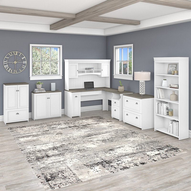 Ensemble de bureau d'ordinateur en L 5 pièces avec huche Huckins, Blanc pur / déclin gris