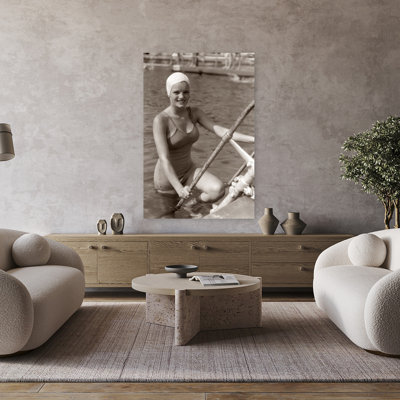 1930S Smiling Young Woman Wearing One Piece Bathing Suit & Cap Climbing Out Of Pool Looking At Camera On Vacation In Florida Usa Contemporary Wall Art