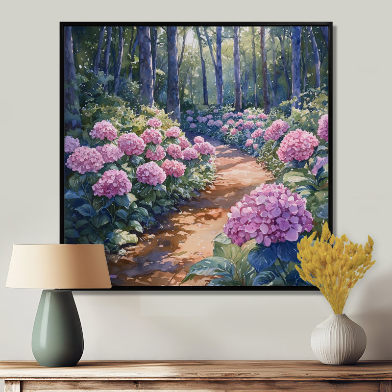 Hortensias dans le chemin forestier - hydrangées, décoration murale, Impression encadrée flottante, H 36 po x l 36 po, Noir