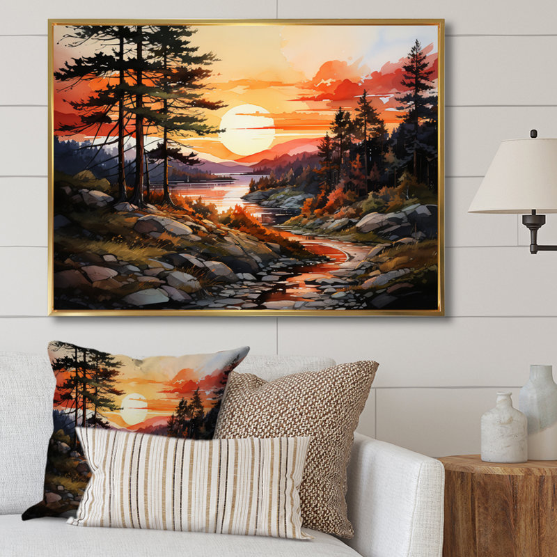 Pine Tree Golden Glow - reproduction sur toile, H 16 po x l 32 po x P 1 po, Cadre flottant doré