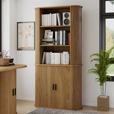 70" Tall 5-Shelf Bookcase with Storage Cabinet, Oval Fluted Bookshelf with Sliding Door