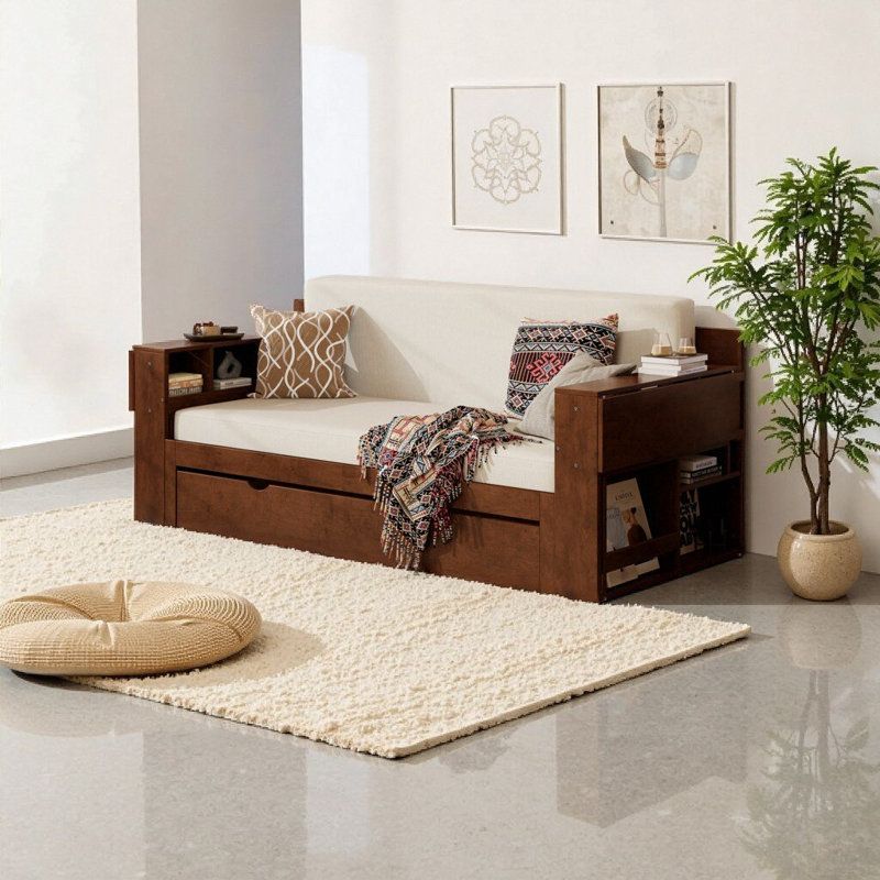4-in-1 Espresso Queen Daybed: Removable Desk, Storage Drawers & Hydraulic Side Table - Space-Saving Multifunctional Sofa Bed