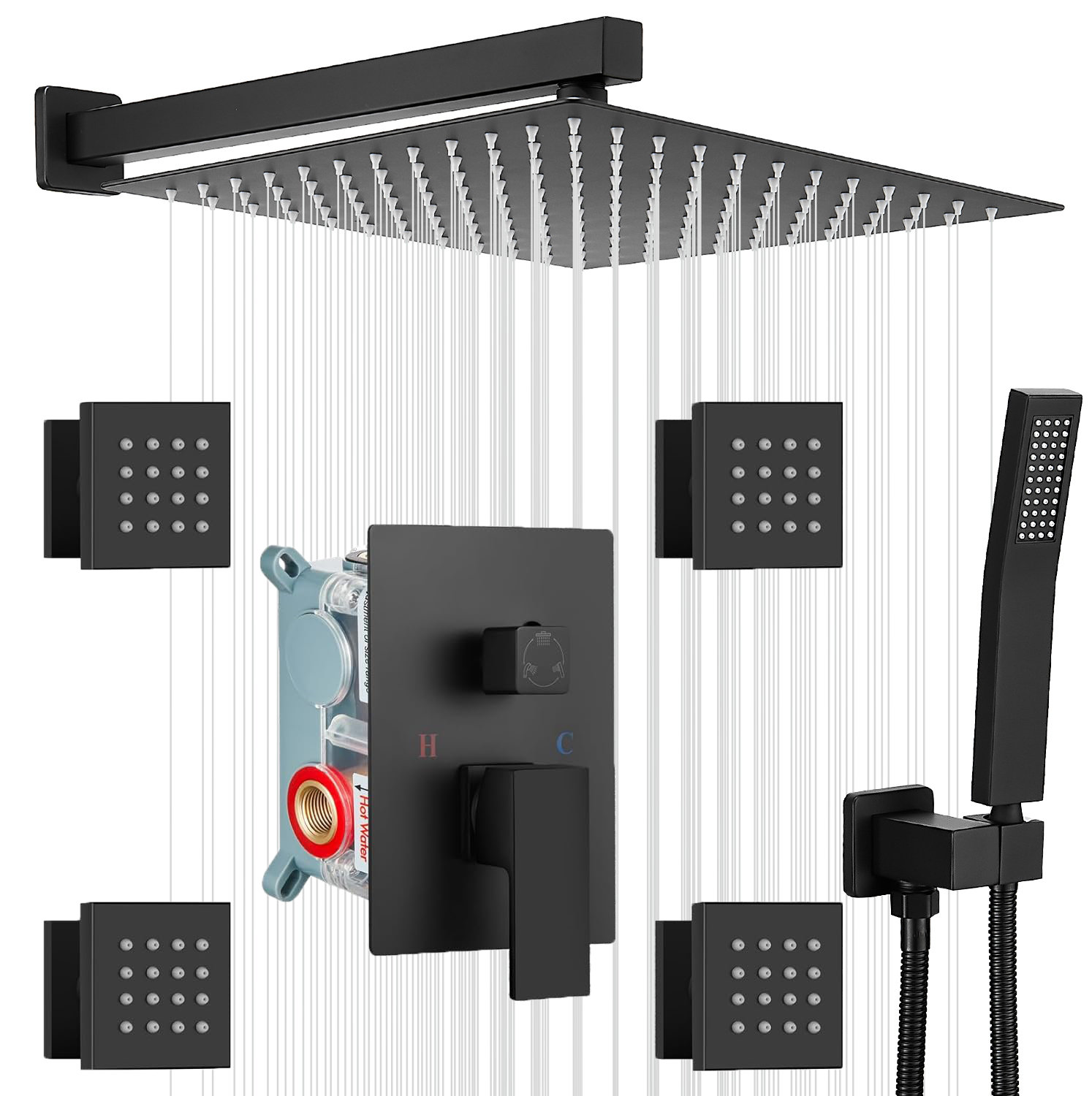 UFINE 12 Inch Rain Shower Head System 4 Full Body Jets Set, Wall ...