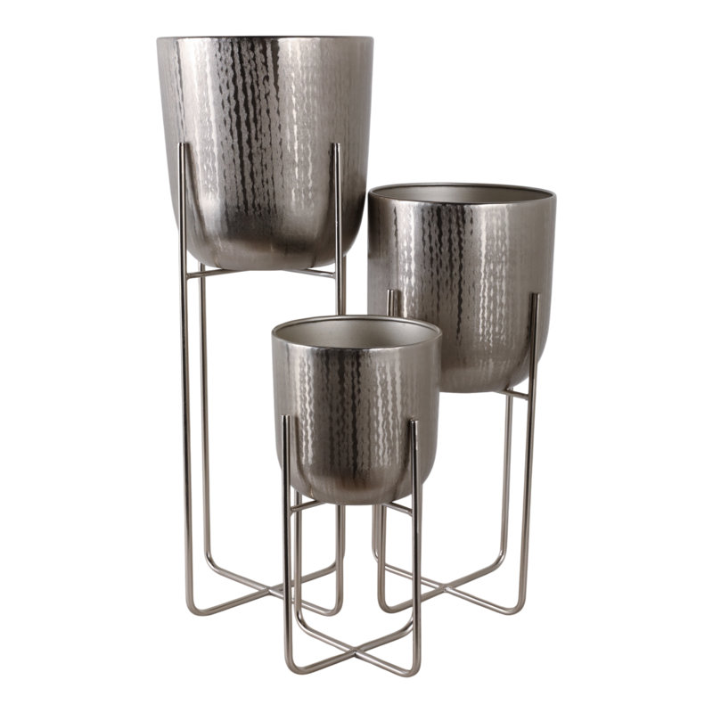Metal Iron Planter Set With Textured Hammered Design And Modern Geometric Stands, Decorative Accent For Indoor Or Outdoor Display, Set Of 3