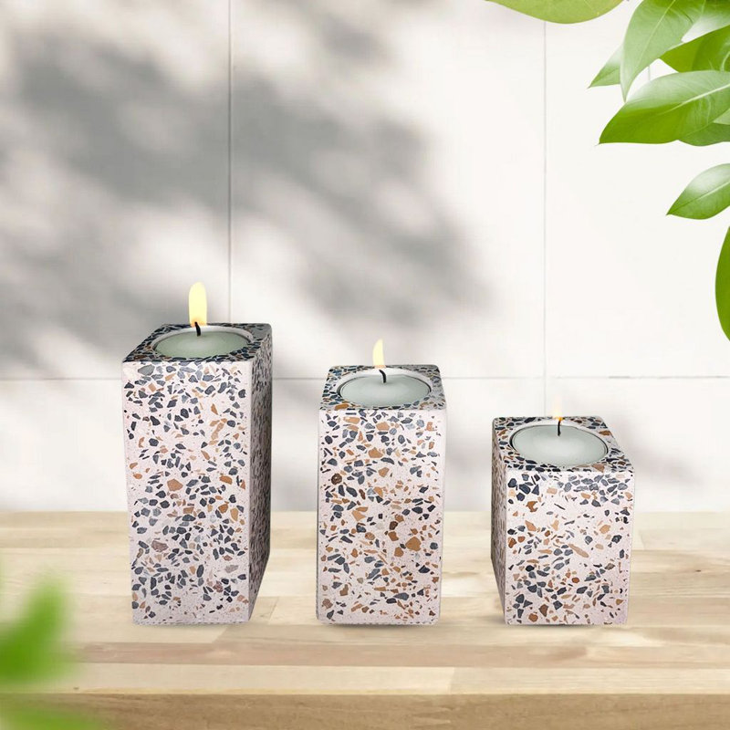 Splattered Block Cement Tealight Candle Holders, Pink
