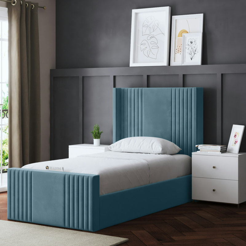 Elara Winged Ottoman Panel Bed with Headboard, Blue, Single (3')