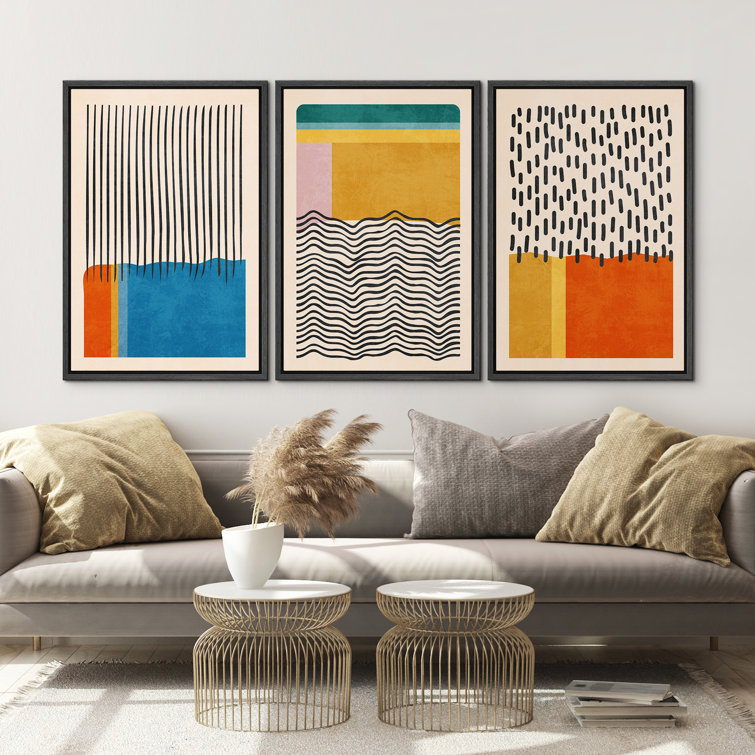 Abstract Vibrant Color Blocks Mid-Century Vibrant Color Block Collage Abstract Geometric - 3 Piece Floater Frame Graphic Art Set on Canvas