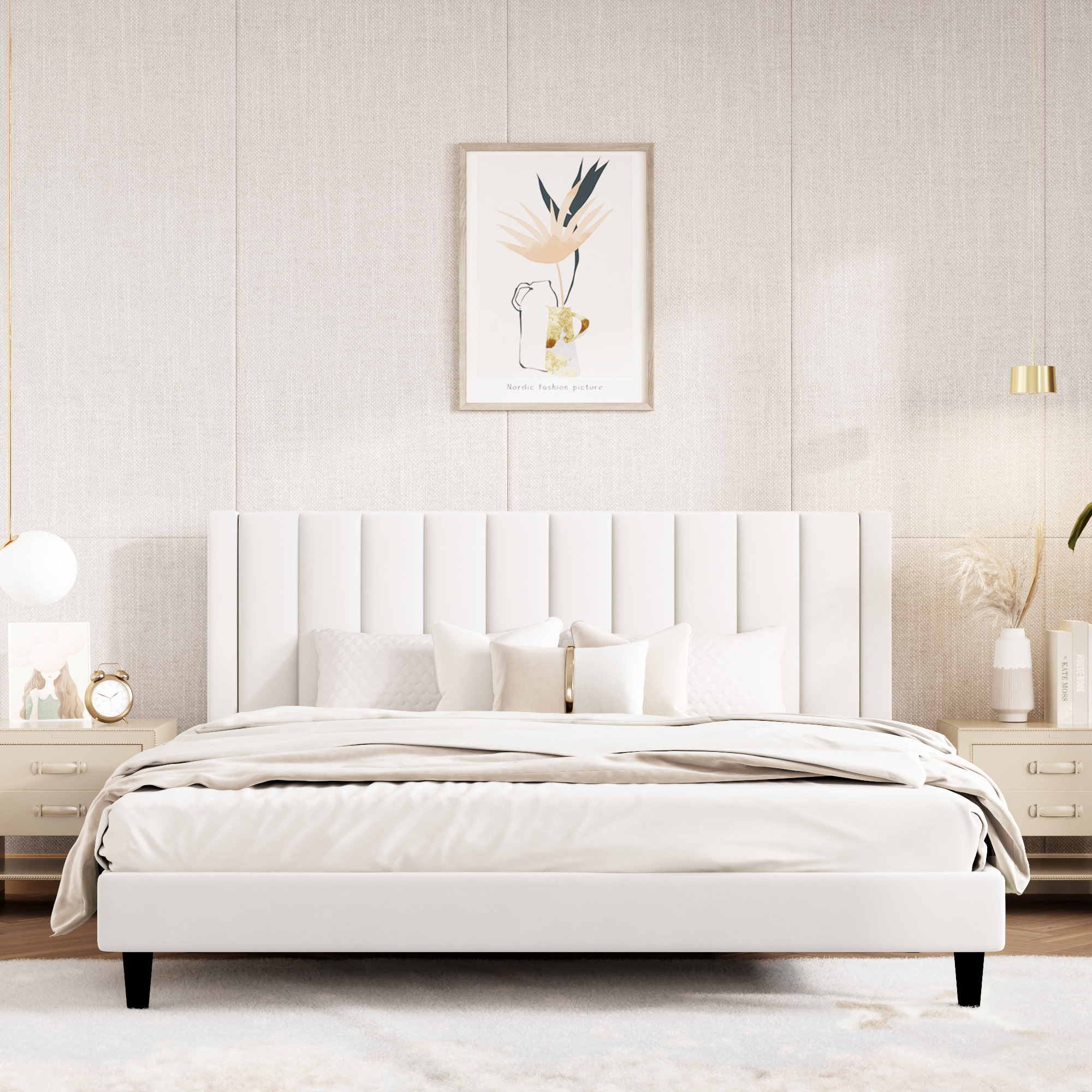 Stauton Upholstered Platform Bed with Velvet and Striped Headboard