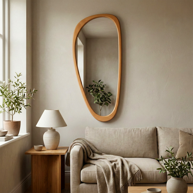 Irregular Accent Solid Wood Wall Mirror, Warm Walnut, 48" x 24"