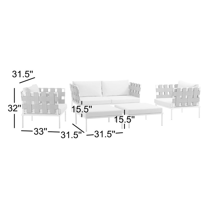 Modway Harmony 5 Piece Outdoor Patio Aluminum Sectional Sofa Set, White
