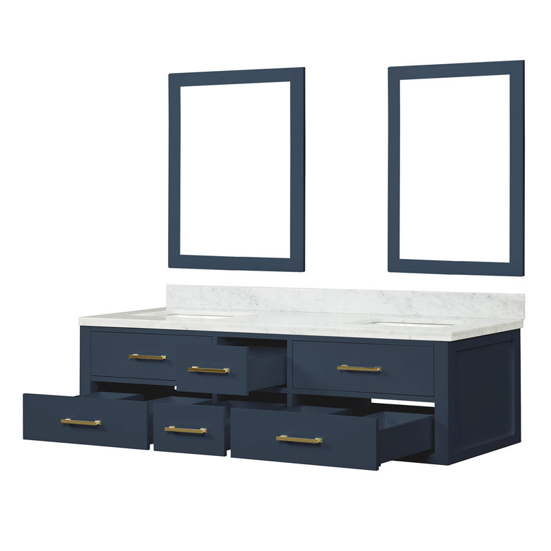 72" Wall-Mounted Double Bathroom Vanity Set with Mirror, White Carrara Marble, Blue