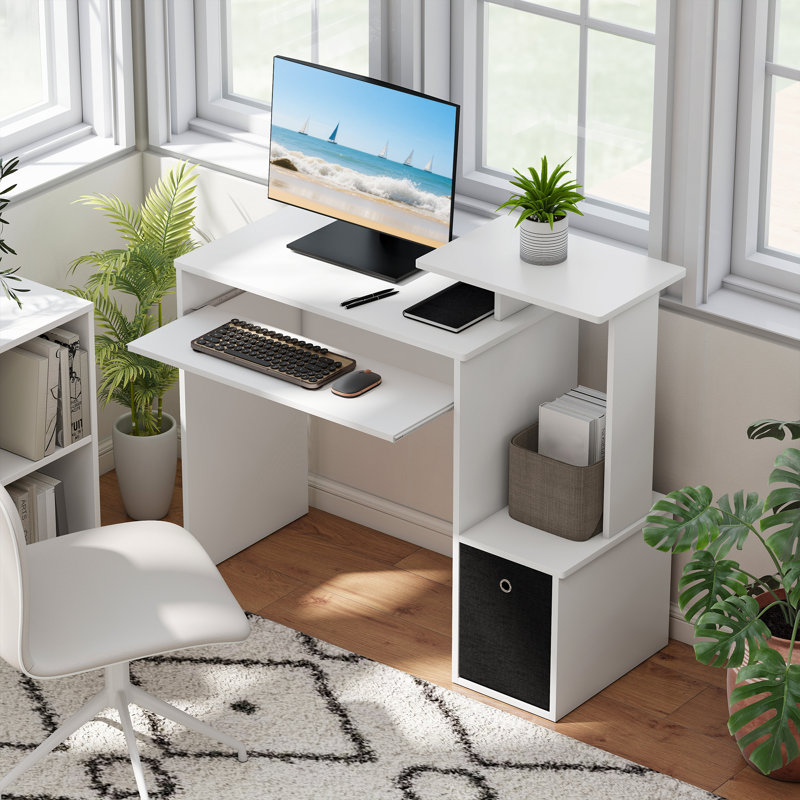 Bureau d'ordinateur avec tiroir en tissu et plateau à clavier, bureau d'étude, blanc, Blanc