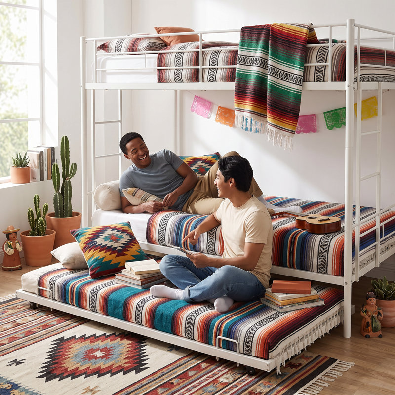 Structure de lit superposé blanc simple avec lit gigogne roulant, deux échelles d'accès et rails de sécurité surélevés, lit en métal robuste et silencieux pour optimiser la chambre des enfants