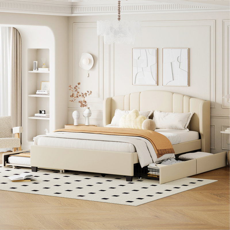 Cadre de lit moderne pour chambre à coucher, chambre d'amis, lit plateforme tapissier avec tête de lit à oreilles, lit gigogne et 2 tiroirs