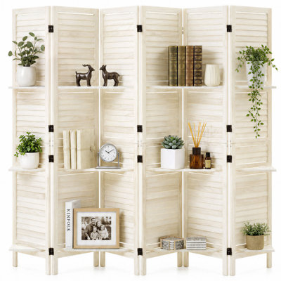 Wood Room Divider 6 Panels Wood Folding Privacy Screen with Shelves, 67.1 in Tall, 360° Two-Way Hinges, Solid Frame, Louvered Wooden Partition with Hardware, Designed for Room Separation & Home Decor