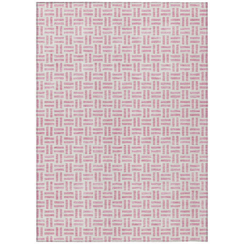 Tapis intérieur lavable à motif géométrique rose et ivoire 5 pi x 8 pi