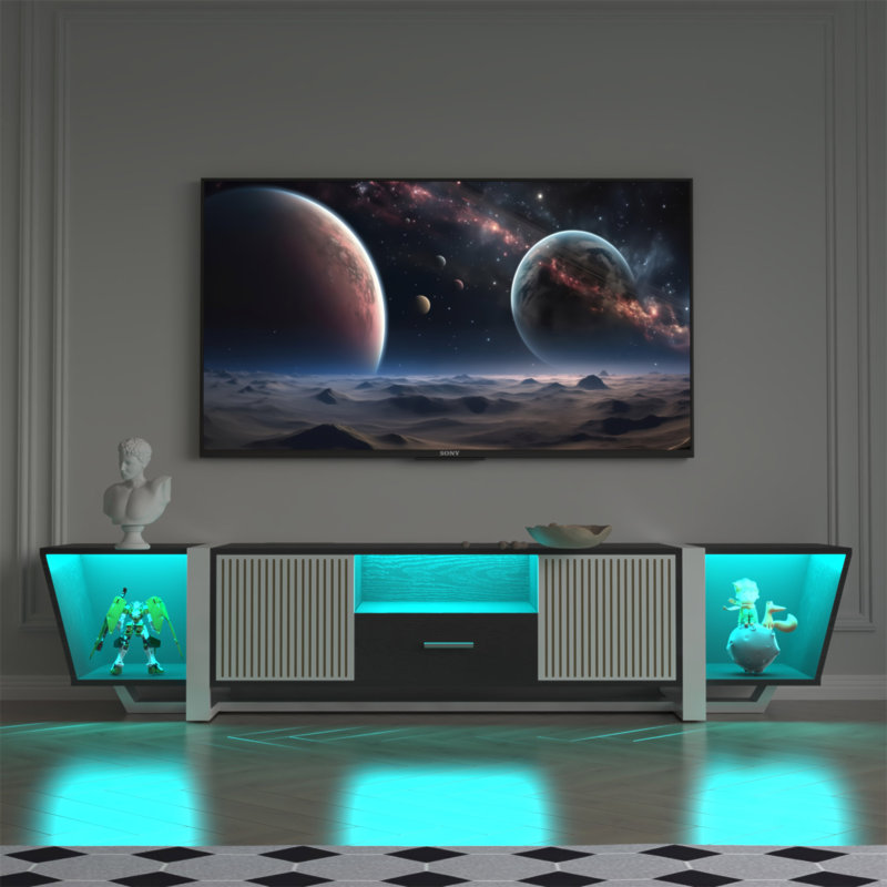 Meuble télé avec grands armoires de rangement, meuble télé à DEL Biplane avec télécommande, ensemble de divertissement moderne à lumières multiples avec cordon d'alimentation