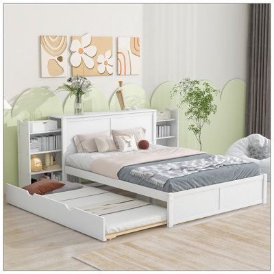 Grand lit plateforme avec rangement et tablettes gigognes TG, blanc