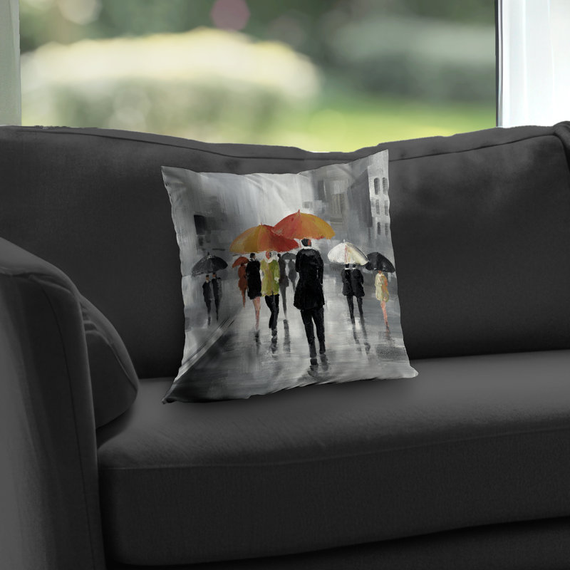 Street Scene with Umbrellas - Black Poly Twill Throw Pillow – Poly Twill Throw Pillow with Insert, Double-Sided Print