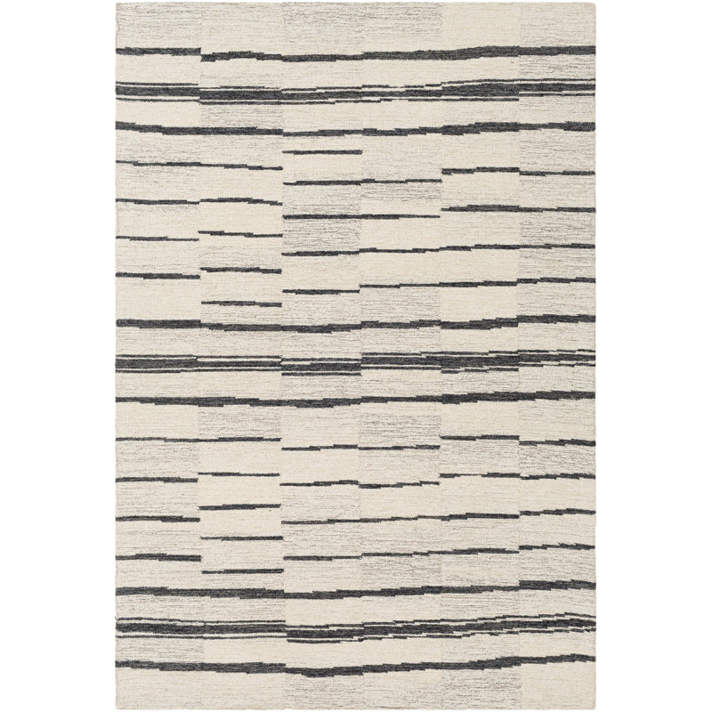 Rune Striped Handmade Tufted Wool Area Rug in Beige/Charcoal, Rectangle 2' x 3'