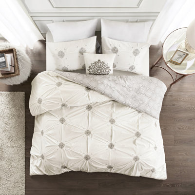 Housse de couette pour lit double / grand en coton 4 pièces - Shabby Chic, brodée avec médaillon et imprimé inversé, avec housse de couette, 2 taies décoratives 1 coussin décoratif, lavable à la machine double / grand, coton, attrait chic,