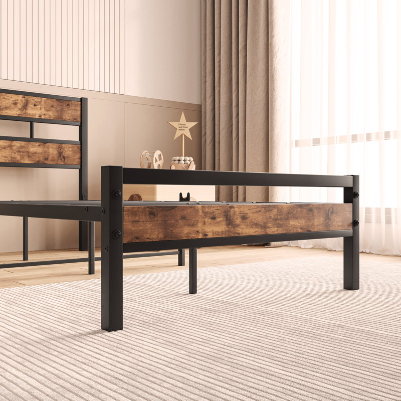 Platform Bed Frame with Rustic Vintage Wood Headboard, Strong Metal Slats Support, No Box Spring Needed, Twin