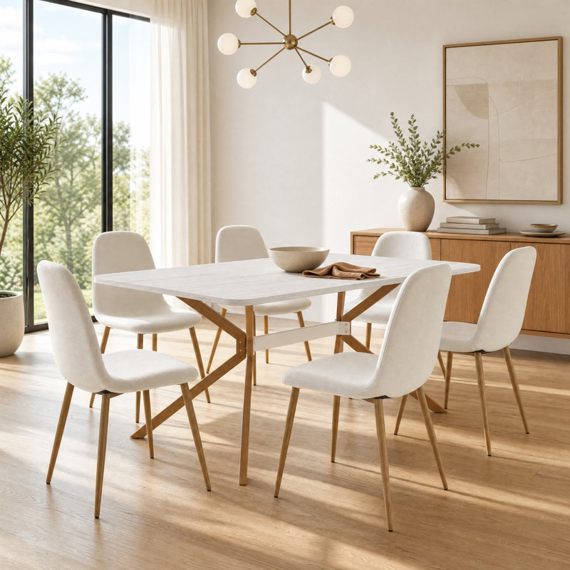 55.1" Rectangular White Wood Veneer Dining Table With 6 Fabric Dining Side Chairs For Kitchen, Dining Room, Living Room