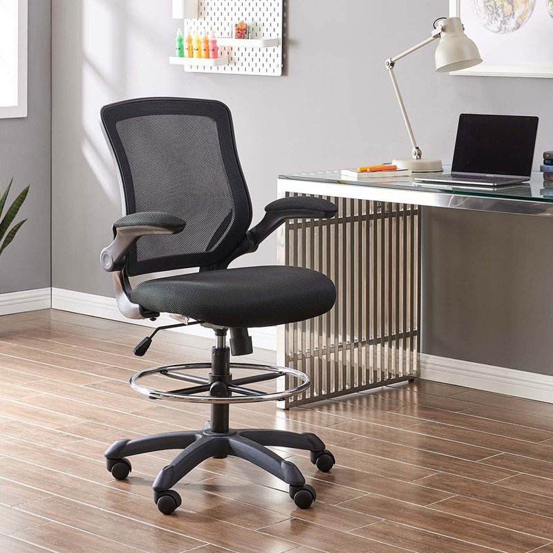 Modway Veer Drafting Chair - Reception Desk Chair - Flip-Up Arm Drafting Chair, Black