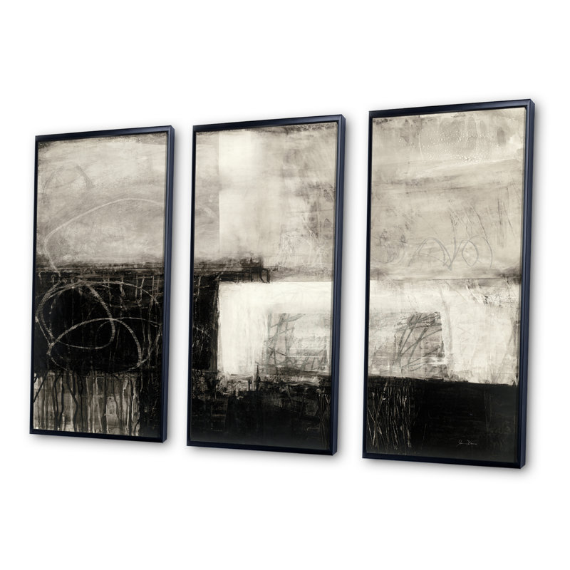 «A Geometric Day II - Mid-Century», ensemble d'art mural moderne sur toile encadrée, 32" H x 48" W x 1" D, Cadre noir
