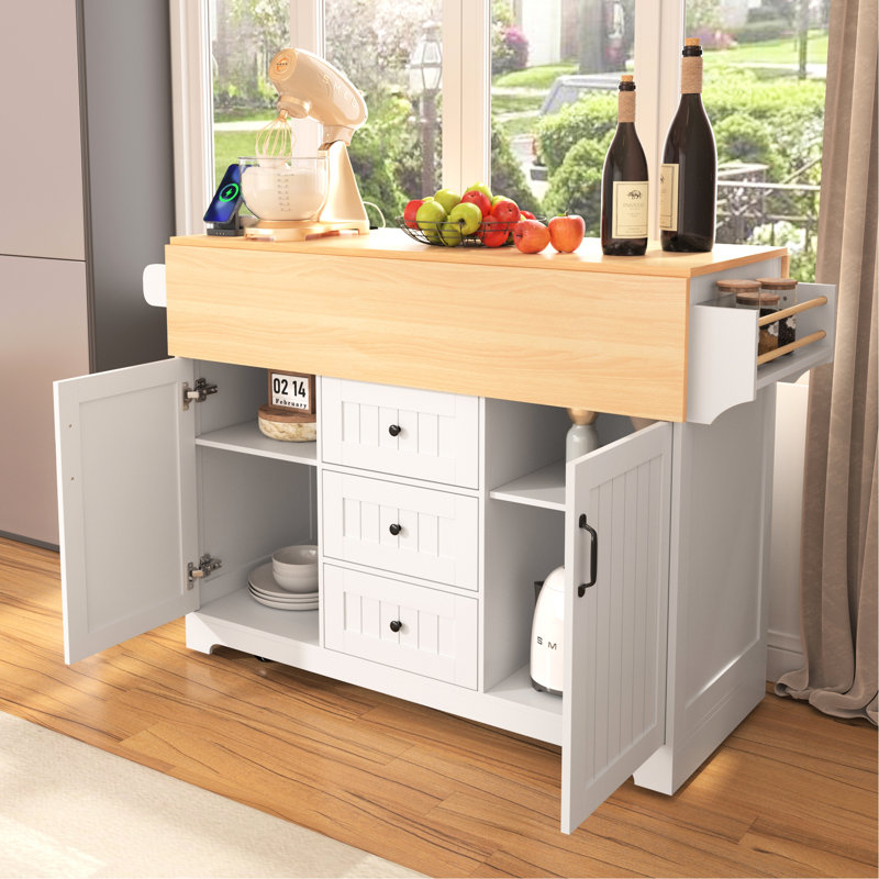 55.7'' Kitchen Island With 2 Folding Leaves, 5 Wheels Mobility, Electrical Outlet, Dining Table, 3 Drawers, White Drop Leaf, 5 Motion, Power Socket, Towel Rack,