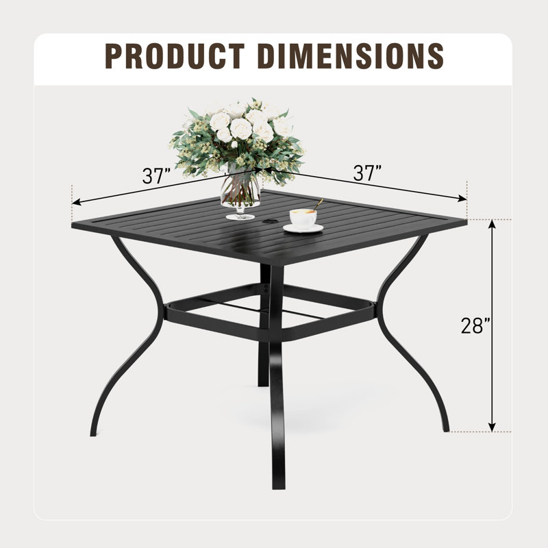 Rosko Square Metal Outdoor Dining Table With Umbrella Hole , 37'' in. W 37'' in. D
