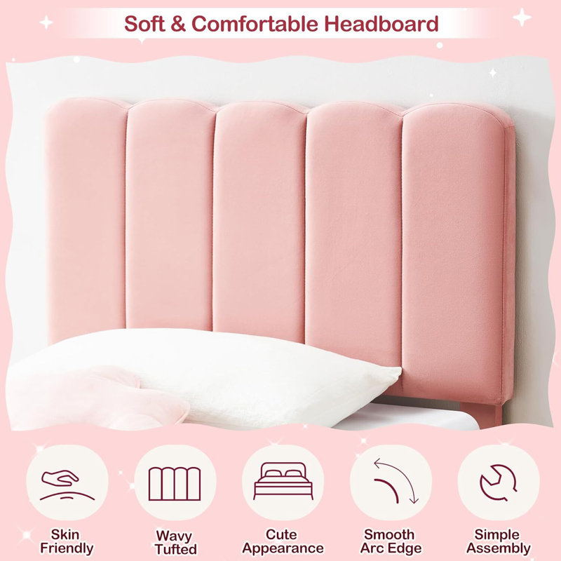 Structure de lit simple tapissier pour enfants avec base de lit tapissier en velours avec tête de lit, sans bruit, Rose
