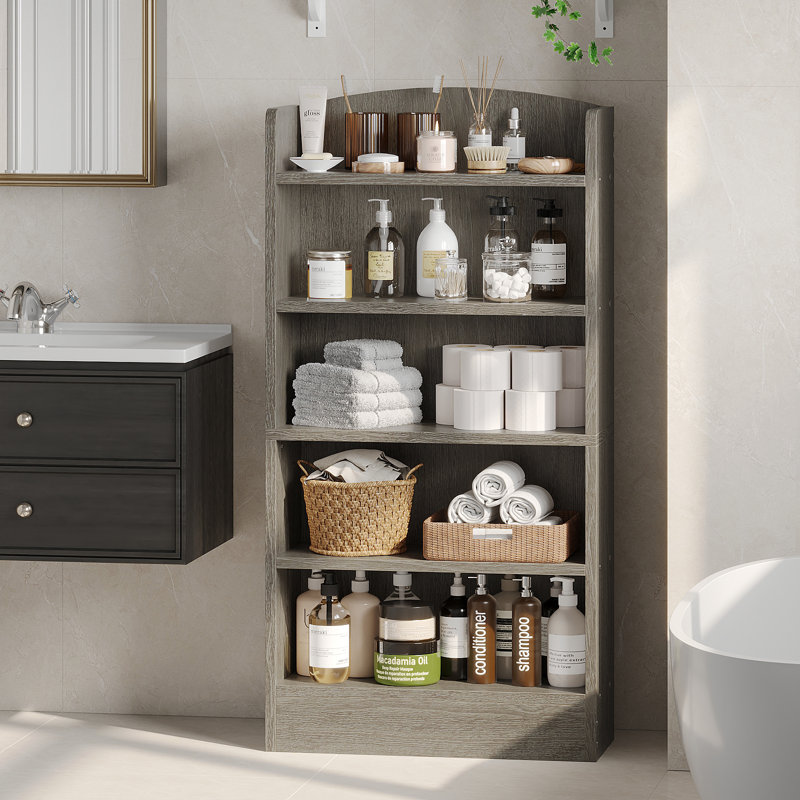 Bibliothèque multifonctionnelle en bois à 5 tablettes avec design incurvé, cloison anti-poussière et fabrication robuste pour bureau à domicile, chêne gris