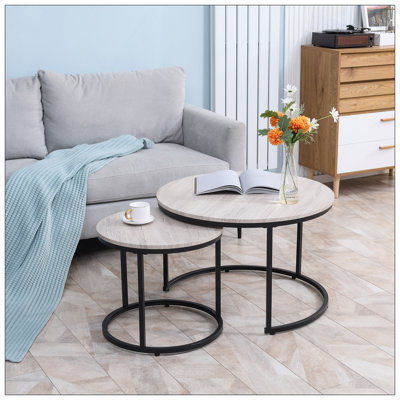 Ensemble de 2 tables gigognes rondes empilables avec cadre en métal pour le salon, gris