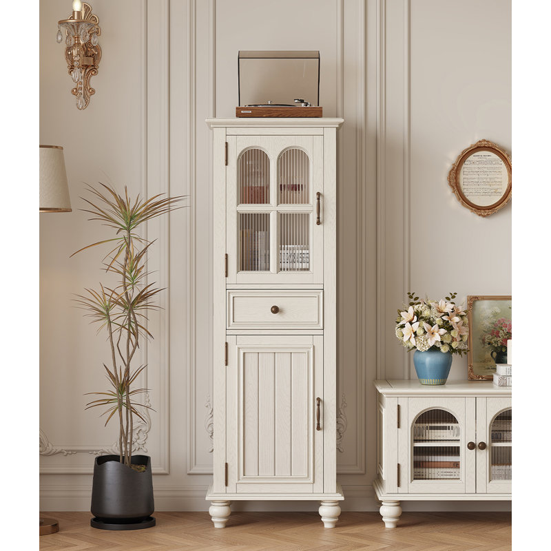 Armoire étroite de style français, porte et tiroir en verre, bois de frêne
