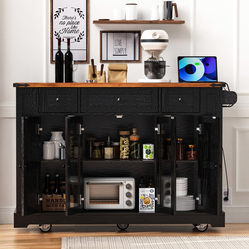 Îlot de cuisine 53 po avec deux portes d'armoire en verre trempé, Black