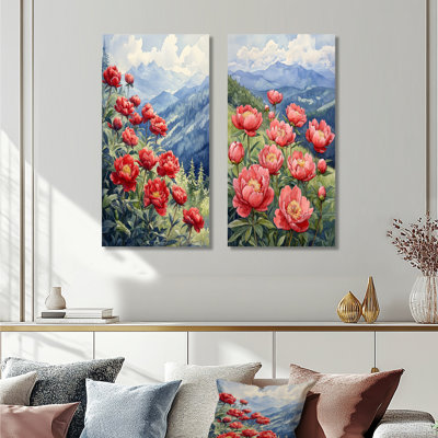 Pivoines dans la crête de montagne I - décoration murale en toile florale 2 panneaux