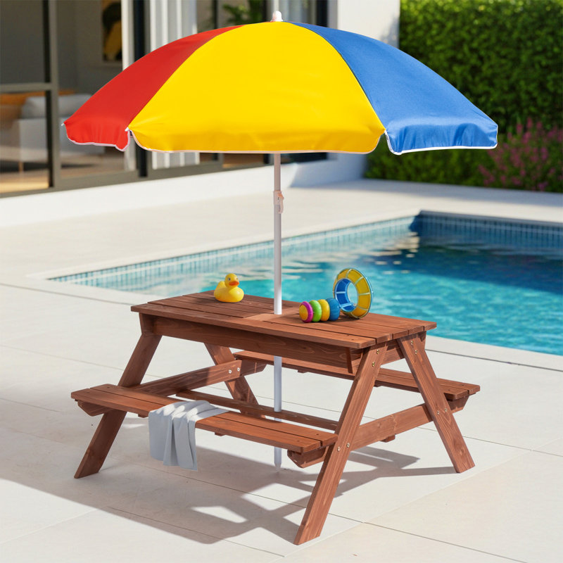 Kids Wood Rectangle Outdoor Picnic Table And Bench With Umbrella And Play Boxes, Brown
