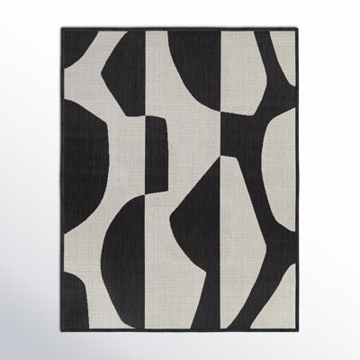 Emmie Abstract Machine Woven Polypropylene Indoor / Outdoor Use Area Rug in Black/White