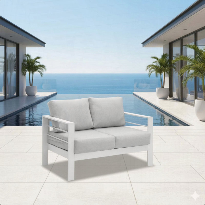 Causeuse de patio en aluminium antirouille avec coussins épais gris clair et structure blanche, Coussin gris / Cadre blanc
