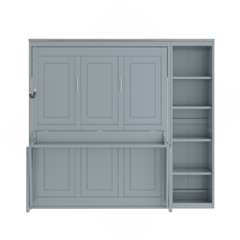 Full Size Murphy Bed with Desk and Bookshelf, Gray