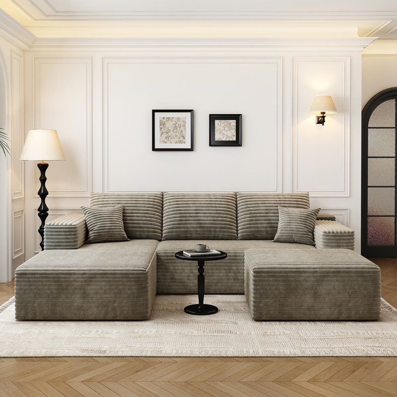 Canapé modulaire 107,5 po avec 1 repose-pieds Cloud, Orienté à gauche (vu de face), Tissu velours côtelé moelleux Camel