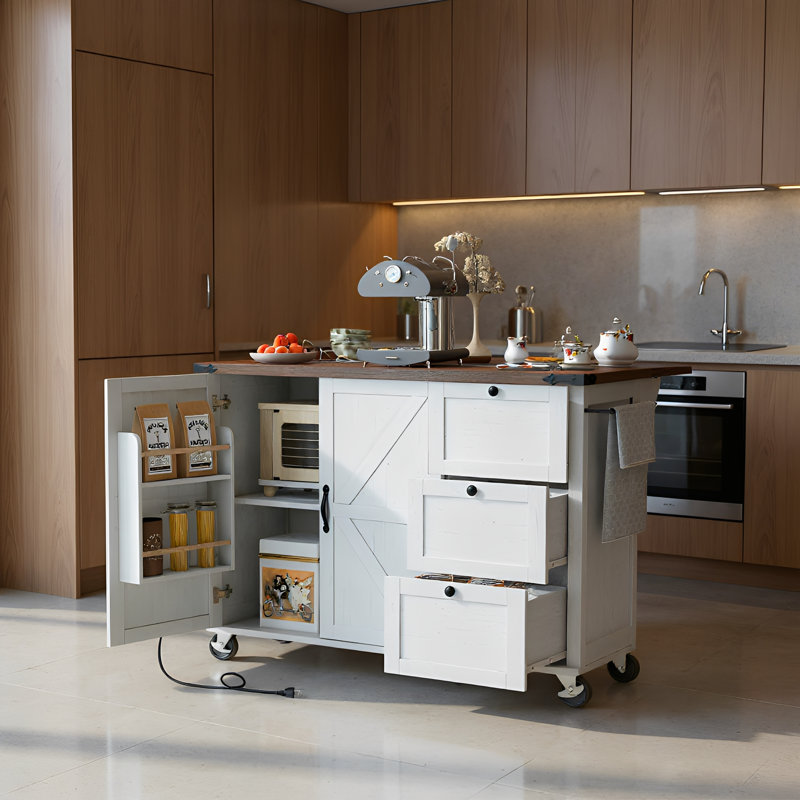 54.5" Farmhouse Kitchen Island With Drop Leaf, Built-In Power Outlet, Sliding Barn Doors With Internal Storage Racks, Spice Rack, Rolling Kitchen Cart On Wheels